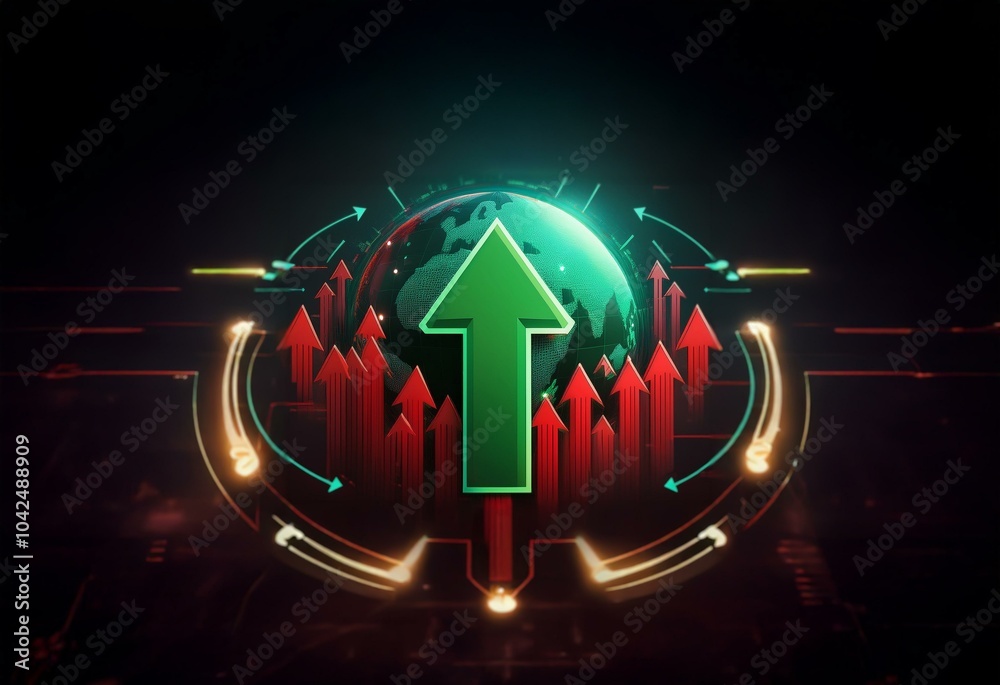 Poster a glowing green arrow pointing upwards stands in front of a digital globe surrounded by multiple sma