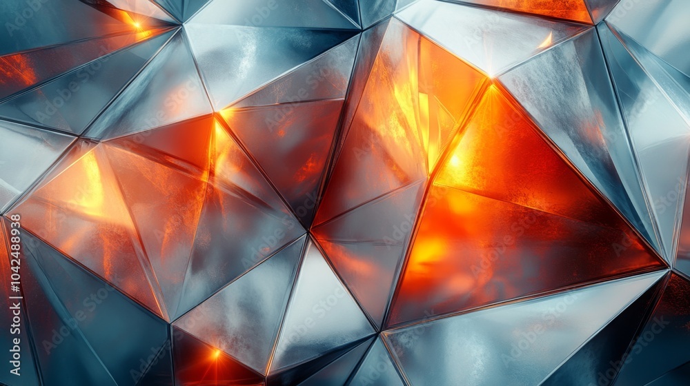 Leinwandbilder A complex arrangement of triangular shapes creates an eye-catching pattern. Reflective surfaces capture vivid orange and blue light, enhancing the dynamic texture of the artwork.