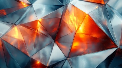 A complex arrangement of triangular shapes creates an eye-catching pattern. Reflective surfaces capture vivid orange and blue light, enhancing the dynamic texture of the artwork.