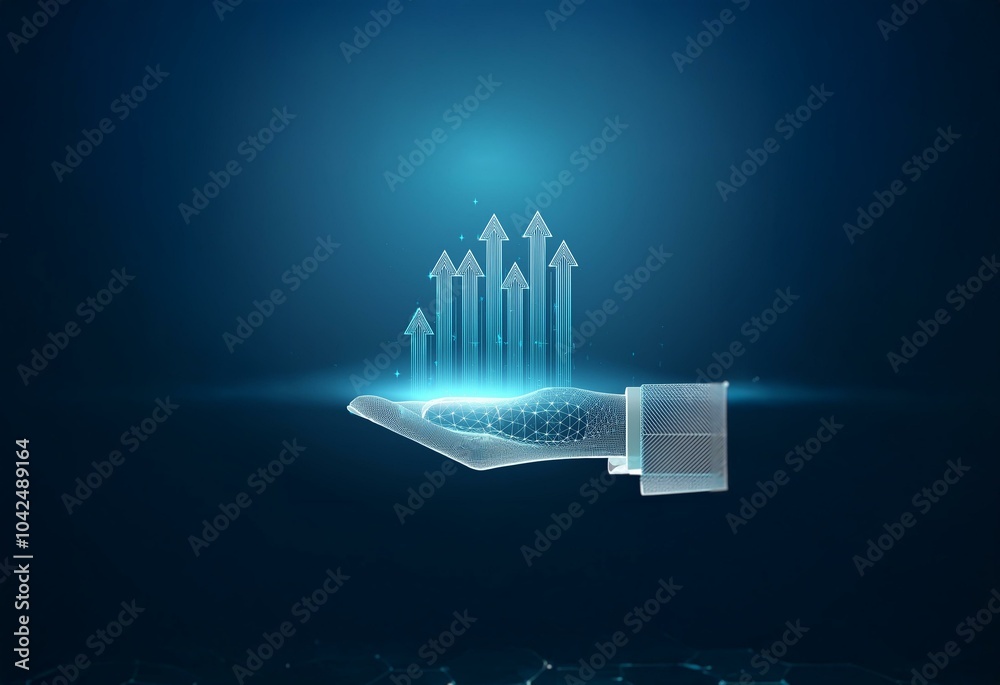 Poster a wireframe hand holding a glowing set of arrows pointing upwards, representing growth and success.