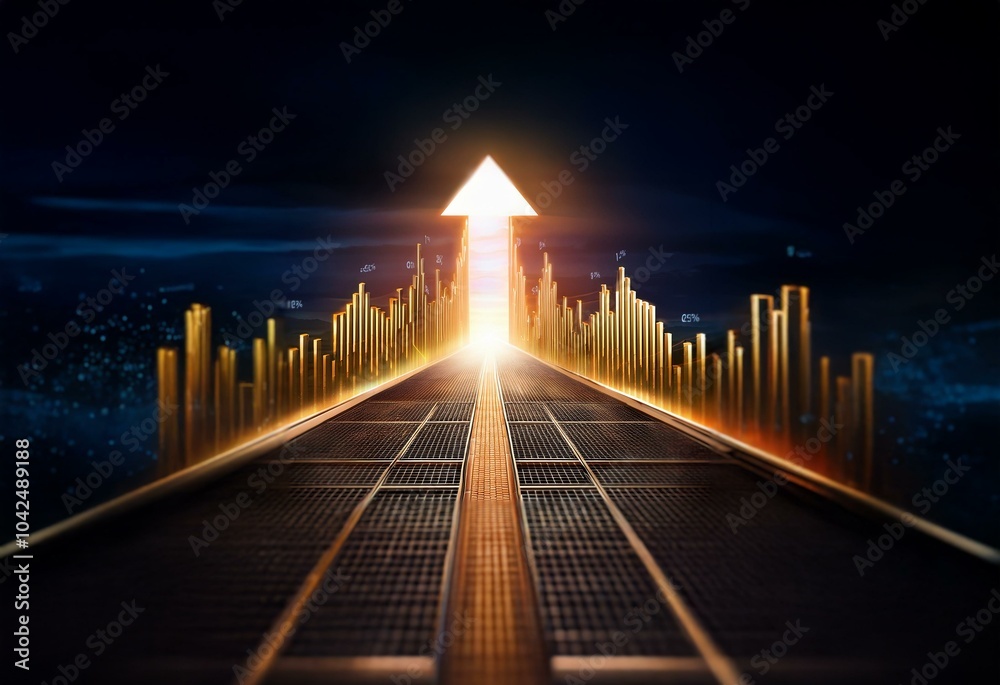 Poster a glowing golden arrow points upward, surrounded by a line of illuminated bars, suggesting growth an