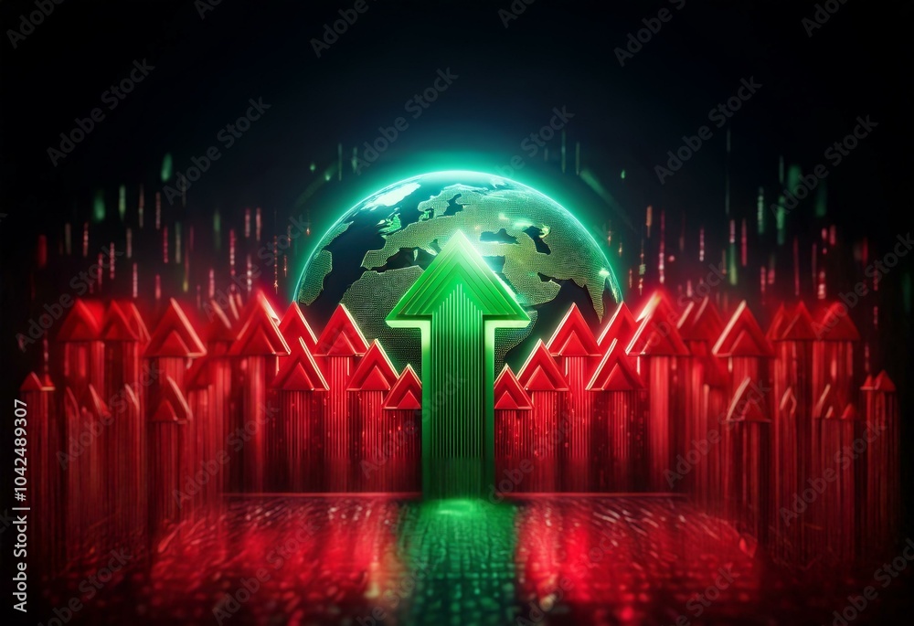 Aufkleber a glowing green arrow points up in front of a green glowing earth surrounded by red arrows pointing 