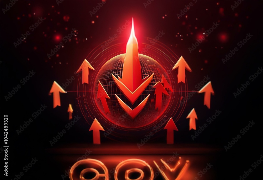Aufkleber A glowing red arrow points down toward a sphere surrounded by smaller upward-facing arrows against a dark red background.