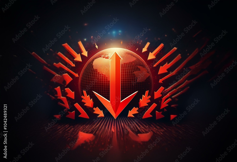 Aufkleber a glowing red globe surrounded by a swarm of descending arrows against a dark background.