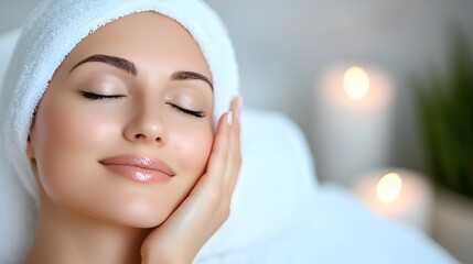 Serene woman lying on a spa bed enjoying a soothing facial treatment with a soft relaxing ambiance surrounding her  The image conveys a sense of tranquility self care