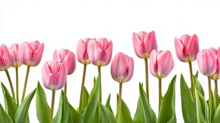 A row of nine pink tulips with green leaves against a white background.