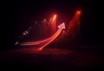 A glowing red arrow curves upwards, passing through a red line graph on a dark background.