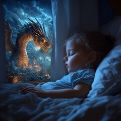 Niño o bebé durmiendo pierna mente soñando con fantasías de dragones amistosos y cariñosos. Concepto de ternura y bienestar en la familia.