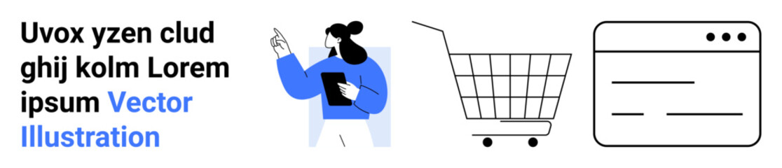 Person holding a tablet, a shopping cart, and a web interface. Ideal for e-commerce, online shopping, digital marketing, web design, and technology-focused content. Banner for landing page