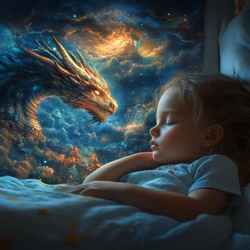 Ni&ntilde;o o beb&eacute; durmiendo pierna mente so&ntilde;ando con fantas&iacute;as de dragones amistosos y cari&ntilde;osos. Concepto de ternura y bienestar en la familia.