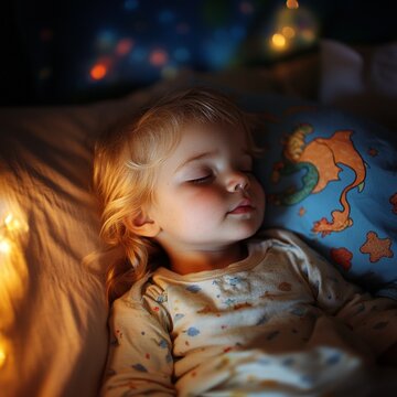 Ni&ntilde;o o beb&eacute; durmiendo pierna mente so&ntilde;ando con fantas&iacute;as de dragones amistosos y cari&ntilde;osos. Concepto de ternura y bienestar en la familia.