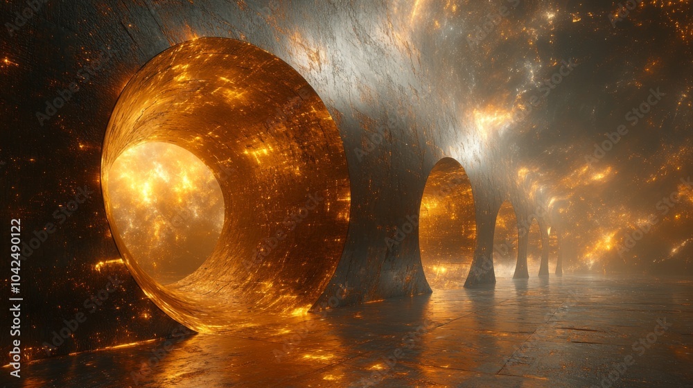 Poster glowing golden tunnels emerge from the walls of a dark, expansive cavern, casting mesmerizing reflec