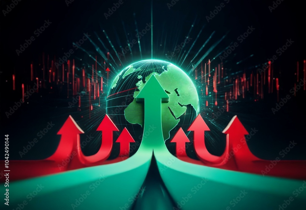 Aufkleber a 3d globe surrounded by green and red arrows on a dark background.