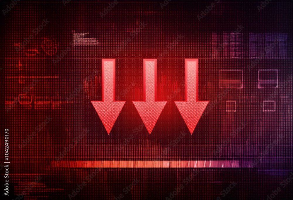 Fototapete red glowing arrows pointing down against a dark red background with grid pattern.
