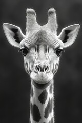 Retrato en blanco y negro de la cara de una jirafa adulta, fotografía de estudio de vida salvaje.

