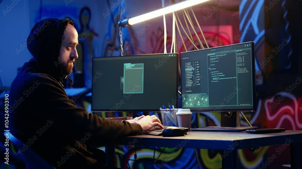 Aufkleber hooded hacker running code in graffiti painted basement, looking to find exploits for system vulnera