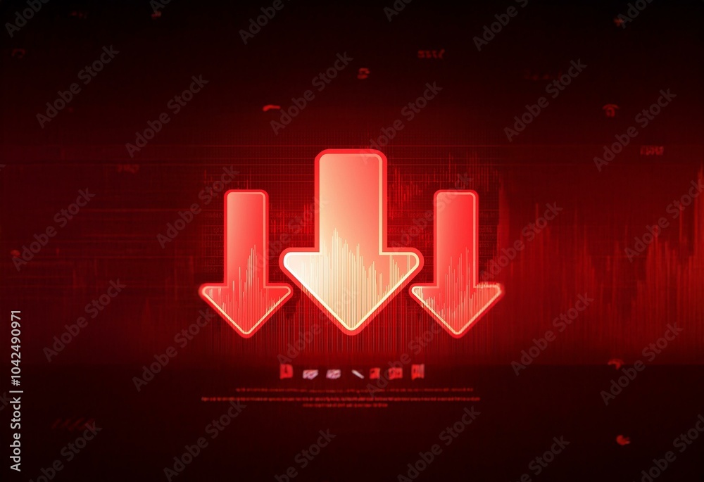 Fototapete three glowing red arrows point downwards on a dark red background with a grid pattern.