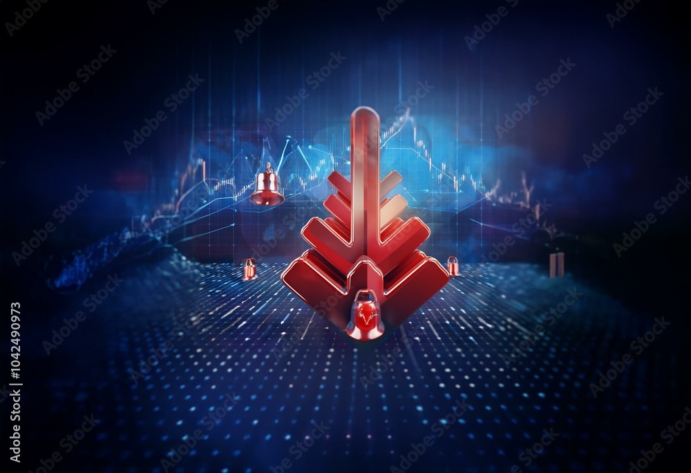 Aufkleber a red 3d arrow points down on a blue digital background, surrounded by small red bells.