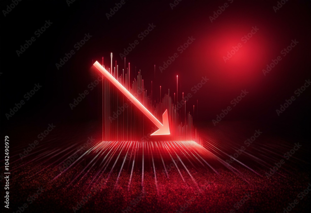 Poster a red arrow points downwards in a dark red, slightly pixelated, background. the arrow is at a downwa