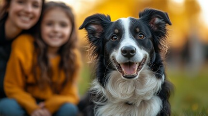 Perro Border collie junto a la familia que lo acoge, feliz posando ante la cámara.