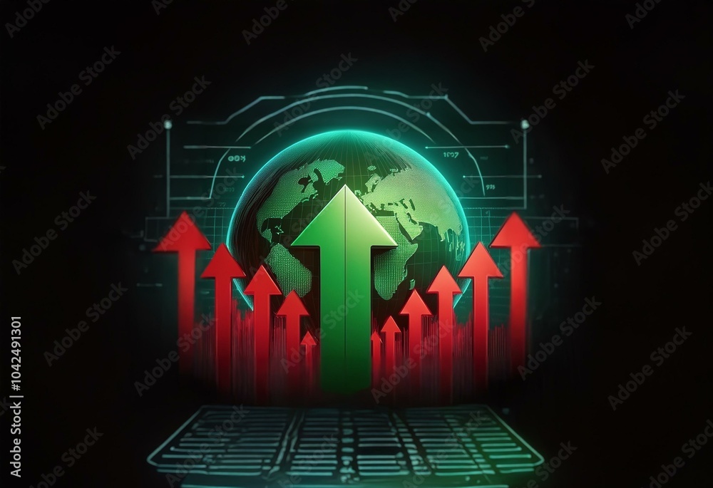 Fototapete a green glowing globe surrounded by red arrows pointing upward, set against a dark background with a