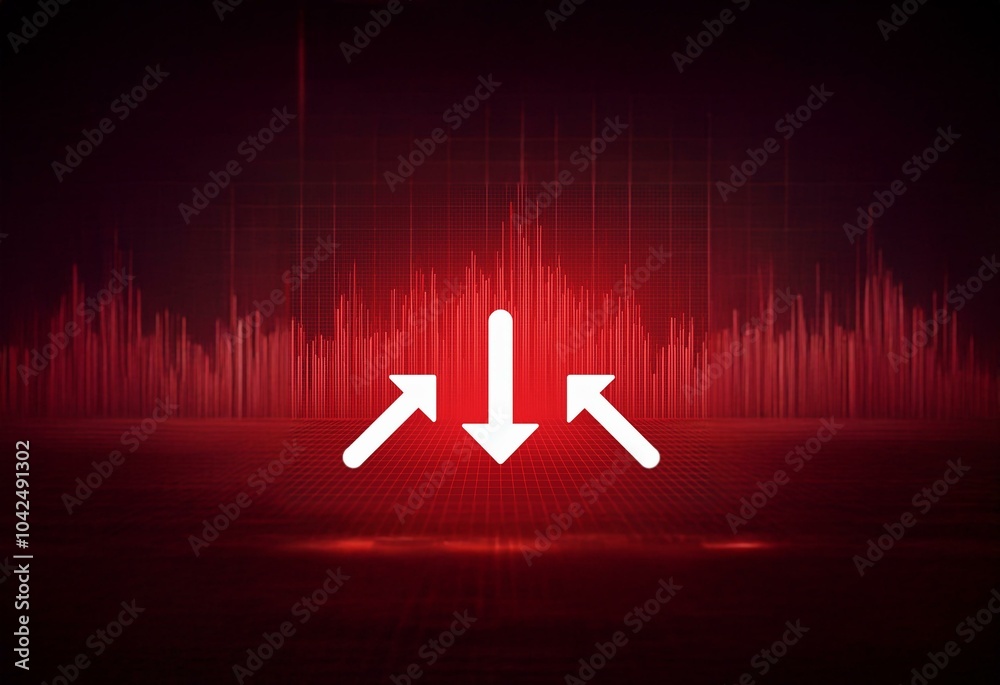 Aufkleber three white arrows, one pointing down and two pointing up, in the center of a dark red grid backgrou