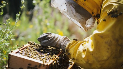A beekeeper in a yellow suit inspects a beehive, working with the bees to collect honey.