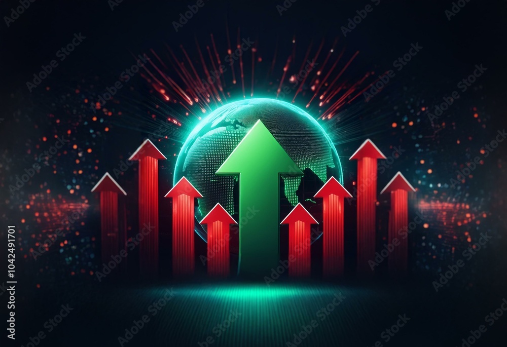 Poster a glowing green arrow, pointing upward, is surrounded by red arrows with a 3d rendering of a teal ea