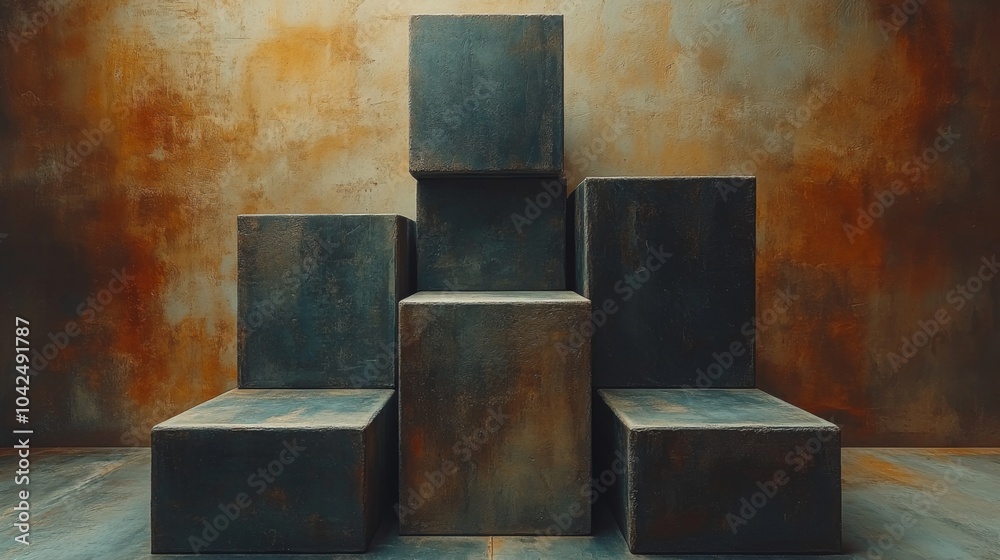 Poster A series of dark metallic blocks are arranged in a minimalist design, positioned against a textured wall that displays warm, rust-like tones, creating an intriguing industrial aesthetic.