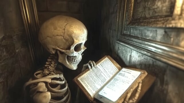 Carabela o esqueleto leyendo un iPad en la cama c&oacute;modamente, concepto de tecnolog&iacute;a feroz que acaba destruyendo el ser humano.