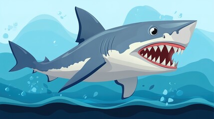Naklejka premium Beware of Sharks Cartoon Icon: A Playful and Engaging Vector Sign. This vibrant icon features a cartoon shark in a fun, exaggerated style, perfect for warning about potential hazards