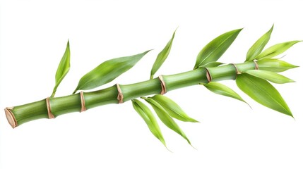 Fresh green bamboo stem with leaves cascading down, isolated on white background
