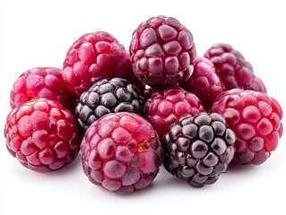 Fotografía de alta resolución comercial de moras rojas sobre fondo blanco con iluminación de estudio.

