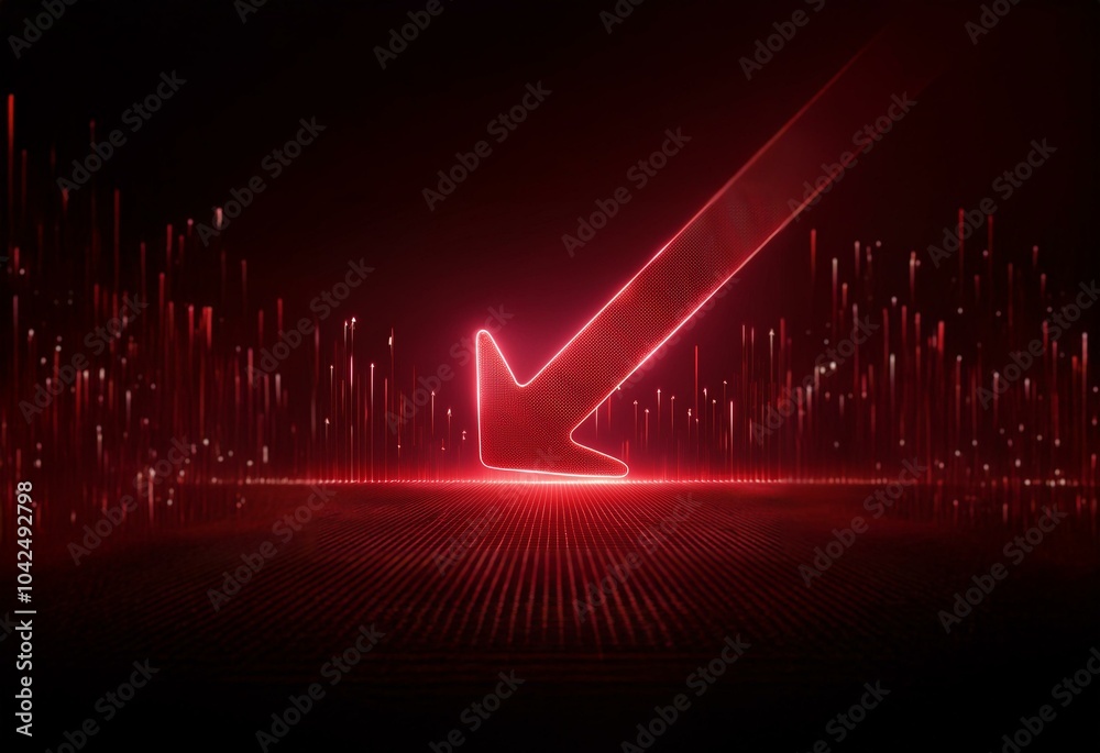Fototapete A glowing red arrow pointing down in a dark background with red lines and dots.