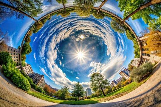 Distorted wide-angle view of cityscape, creating a misperception