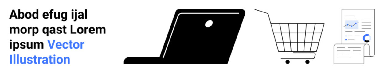 Laptop icon with shopping cart and report representing online shopping and data analytics. Ideal for e-commerce digital marketing business analytics online shopping and data management. Banner