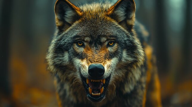 Gran lobo gris mostrando agresividad con mirada aterradora y fiereza. Carn&iacute;voro hambriento mirando fijamente a la c&aacute;mara.