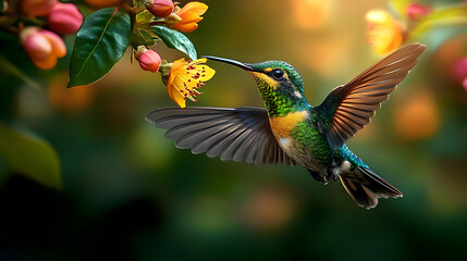 Obraz premium Hummingbird hovering near vibrant flowers in soft sunlight.