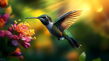 Fototapeta premium A hummingbird hovering near vibrant flowers in soft sunlight.
