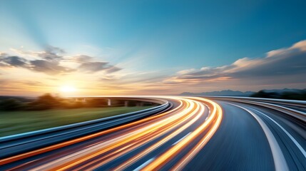 Sleek futuristic highway at night with vibrant neon light trails in electric blue and pink painting dynamic paths racing towards the glowing horizon under a luminescent sky