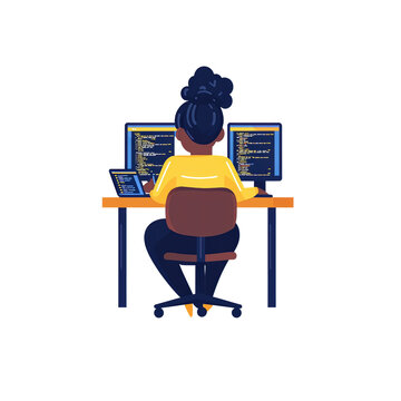 Woman coding at a computer, engaged in software development and programming work. isolated on transparent background.