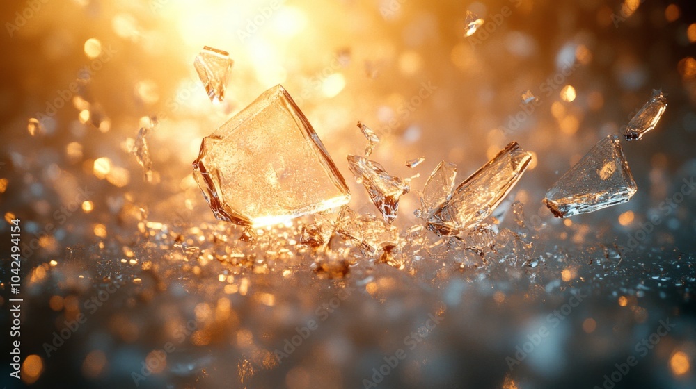 Poster Bright shards of glass scatter in a burst, reflecting glowing light and creating an abstract effect, showcasing movement and texture in a dynamic moment.