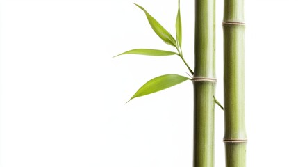Tall bamboo stalk with delicate new leaves growing, isolated on white background