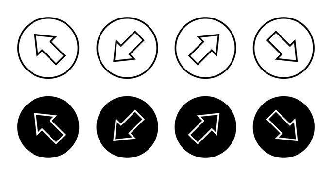Upward rightward, downward leftward, upward leftward, and downward rightward arrow line icon on black circle