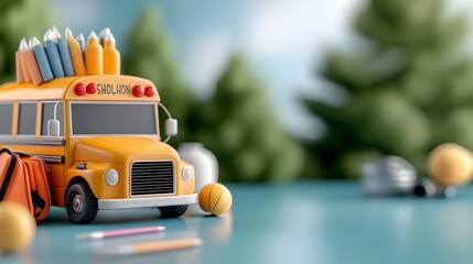 Vibrant 3D school bus with a variety of kids  backpacks notebooks pencils and other school supplies arranged around the vehicle creating a lively and cheerful back to school scene