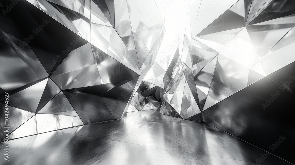 Poster A unique indoor environment features angular metallic structures with reflective surfaces, creating a dynamic interplay of light and shadows.