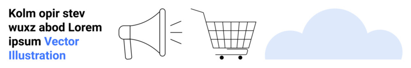 Megaphone, shopping cart and cloud in simple vector design. Ideal for digital marketing, e-commerce, cloud computing, online advertising, and business solutions. Banner for landing page