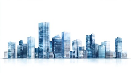 Fototapeta premium Cityscape panorama featuring modern business district buildings, isolated on white background