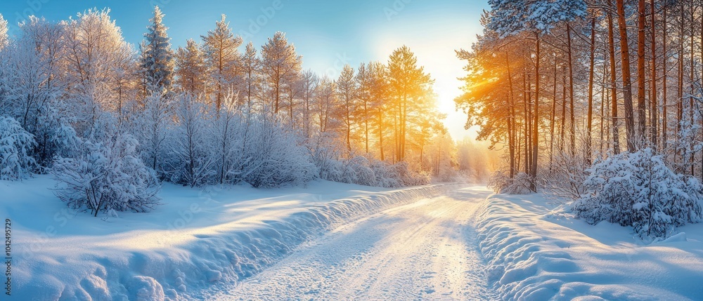Poster snow-covered forest path at sunset with sun glowing through the trees