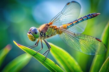 Dragonfly on green plant macro close up